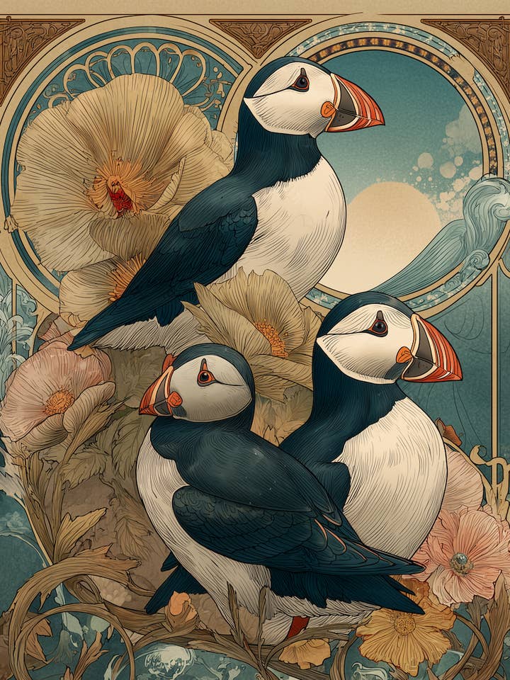 Plucky Art Nouveau Puffins - Plucky Puffins 15 Art Print 12"- 8"x10" Artwork for wholesale by Mowbi
