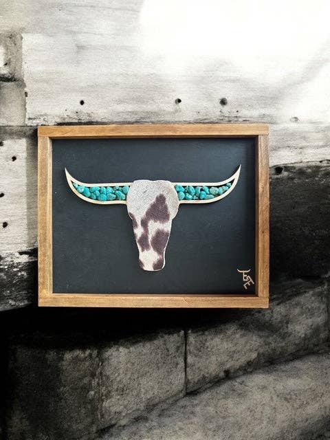 Ember & Elm Home Decor & More - Wholesale Art Print - Turquoise Longhorn Wall Art | Cowhide Face & Rustic Frame4