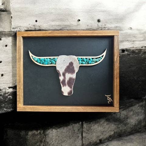 Ember & Elm Home Decor & More - Wholesale Art Print - Turquoise Longhorn Wall Art | Cowhide Face & Rustic Frame4