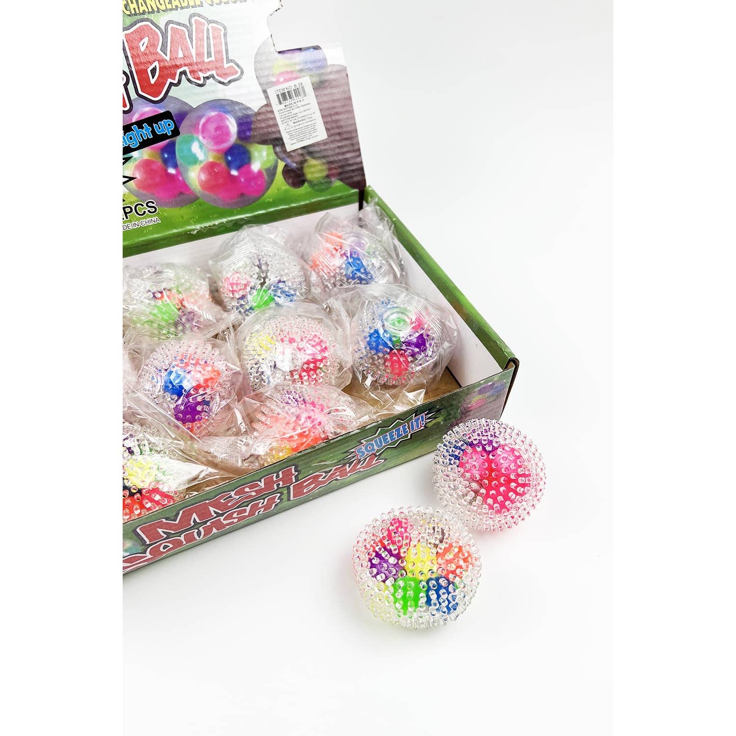 ASSORTED ANTI-STRESS MESH SQUISHY BALL WITH LIGHT for wholesale on Faire1
