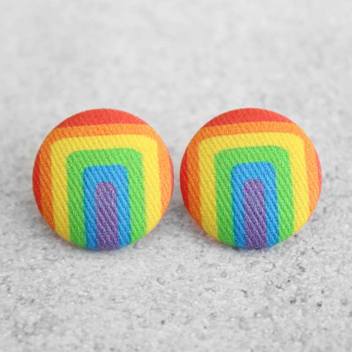 Rachel O's - Wholesale Stud/Post Earrings - Bold 7/8 Inch Retro Rainbow Fabric Button Earrings0