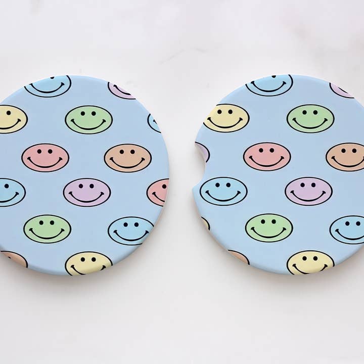 Colorful Happy Faces Car Coasters for wholesale by XO Wholesale