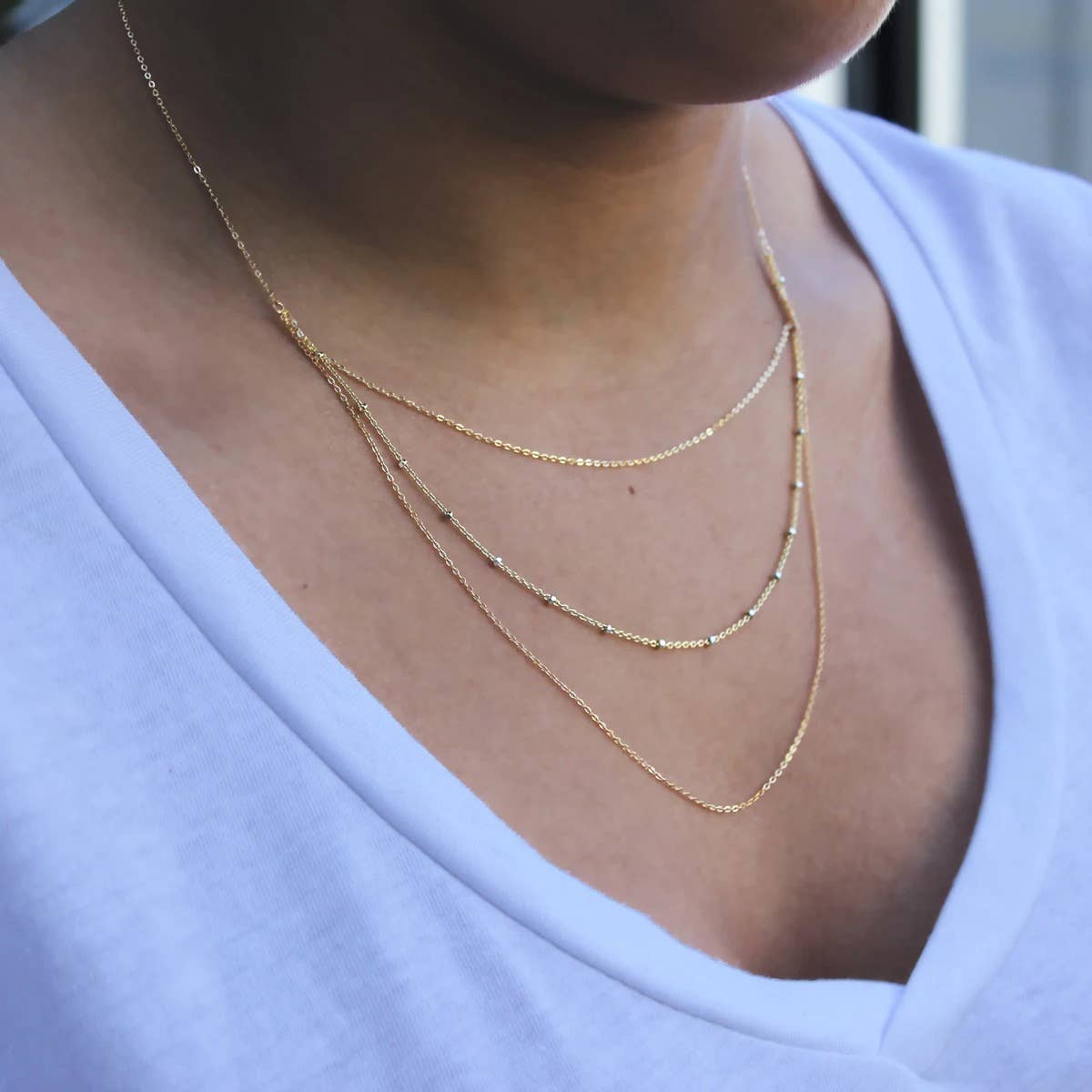 Ofina Jewelry - Wholesale Link & Chain Necklace - Triple Layer 2-Tone Ball Chain Long Necklace1