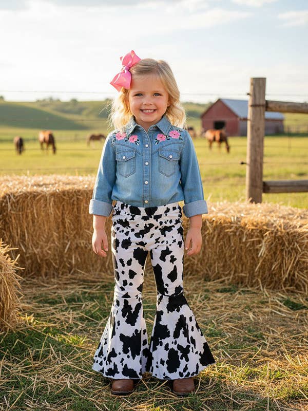 DLH2727 COW printed denim bell bottom girls jeans for wholesale by luluclothes