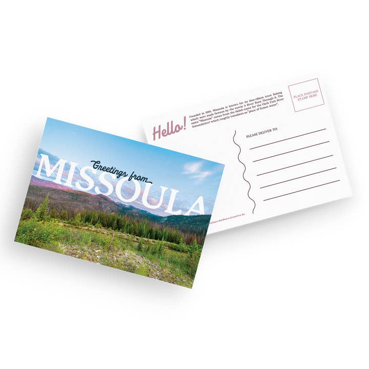 Hilsner fra Missoula, Montana – Moderne Postkort for engroshandel hos Colleen Goldhorn Creative Co
