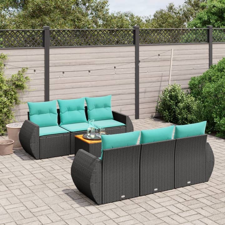 7 Piece Patio Sofa Set with Cushions Black Poly Rattan for wholesale by American Smart