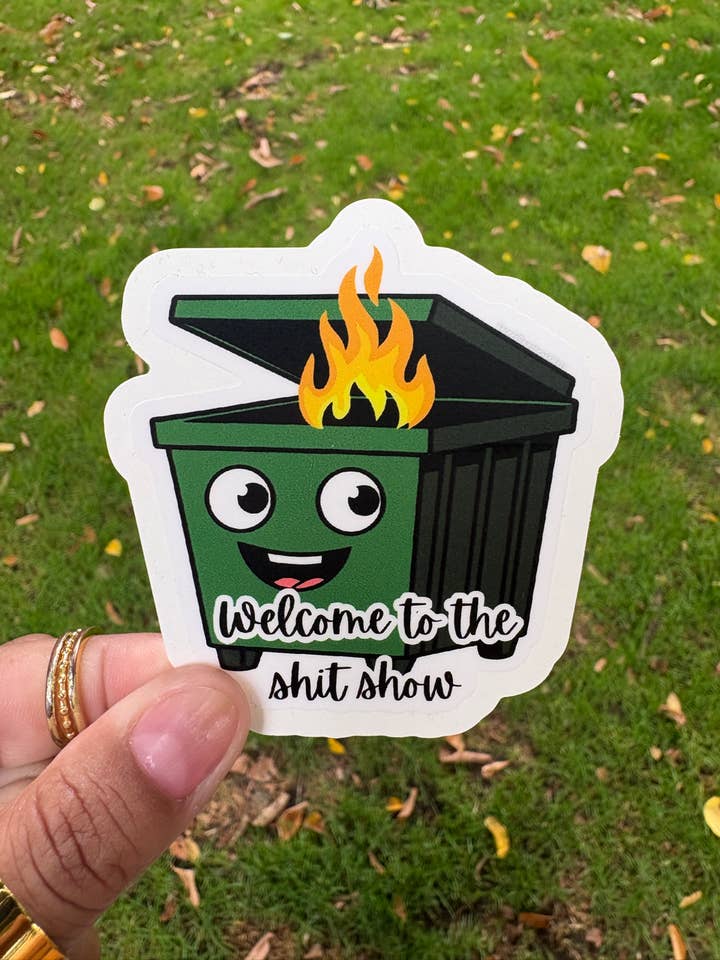 Dumpster Fire vinyl sticker for wholesale by Sacred Paintbrush Arts