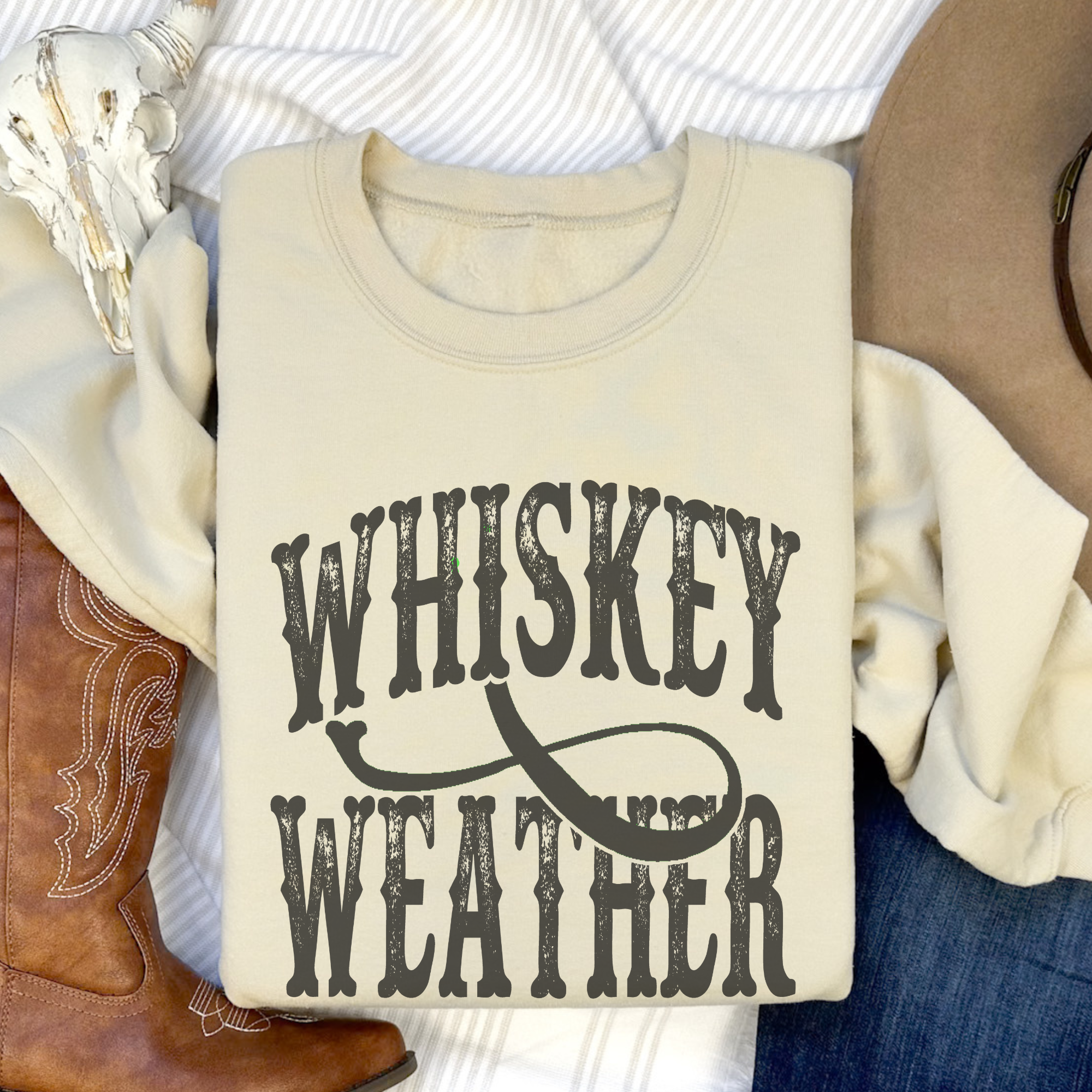 Trendznmore - Modern Graphic Apparel – wholesale Graphic sweatshirt – Women’s – Whiskey Weather Western Crewneck Sweatshirt 1