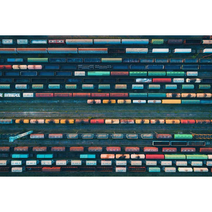 Colorful Freight Train Cars Locomotives At Depot Aerial View Wall Art for wholesale by Gotham Gifts