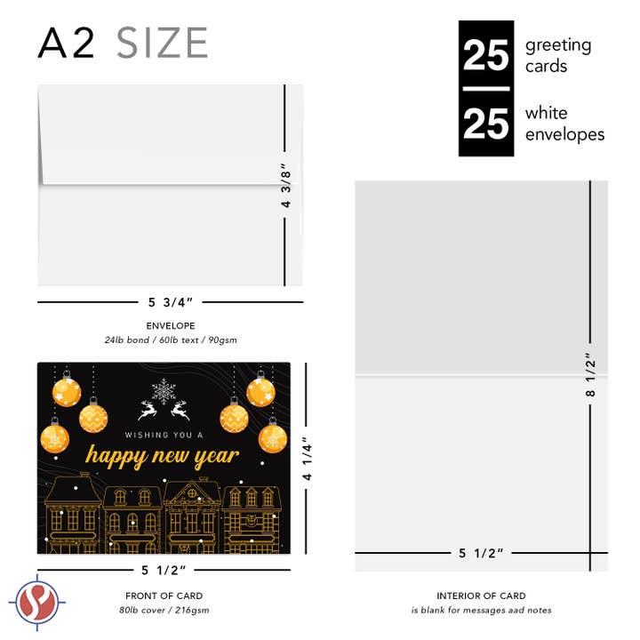 Fine Cardstock – Großhandel Neujahrskarten – Emoji-Feiertags-Grußkarten 2025 „Happy New Year“, 25er-Set