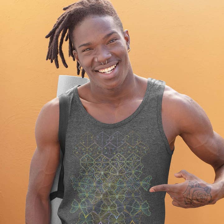 Camiseta regata masculina Butterfly Morph feita sob encomenda - mescla escura por atacado de symbolika