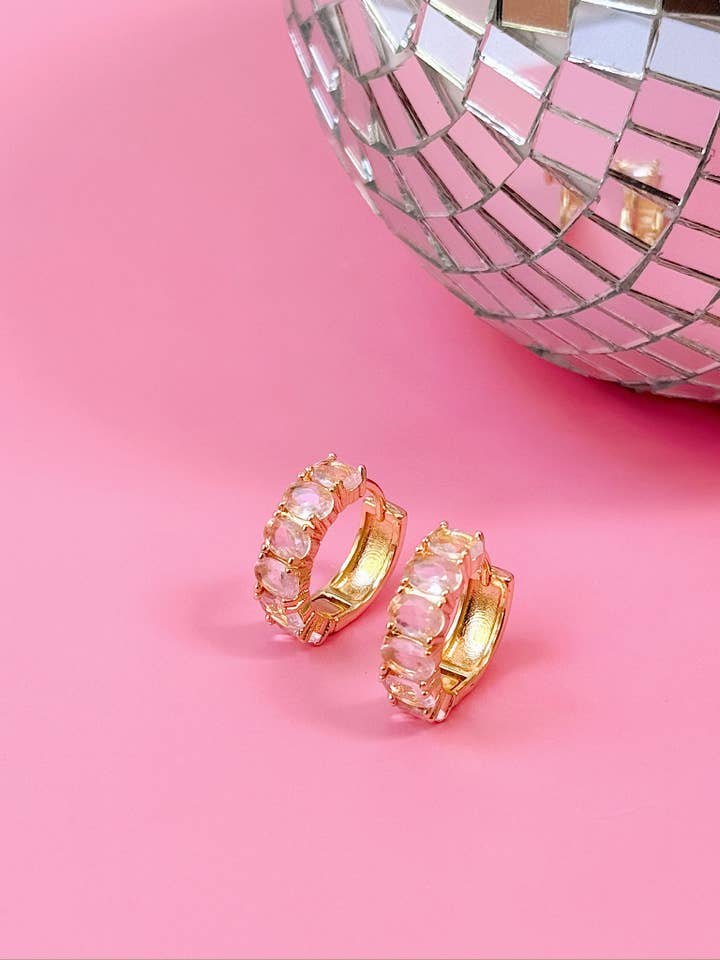 Pink Crystal Gem Huggie Earrings - Girly, Coquette, Gold for wholesale by Golden Hour Designs