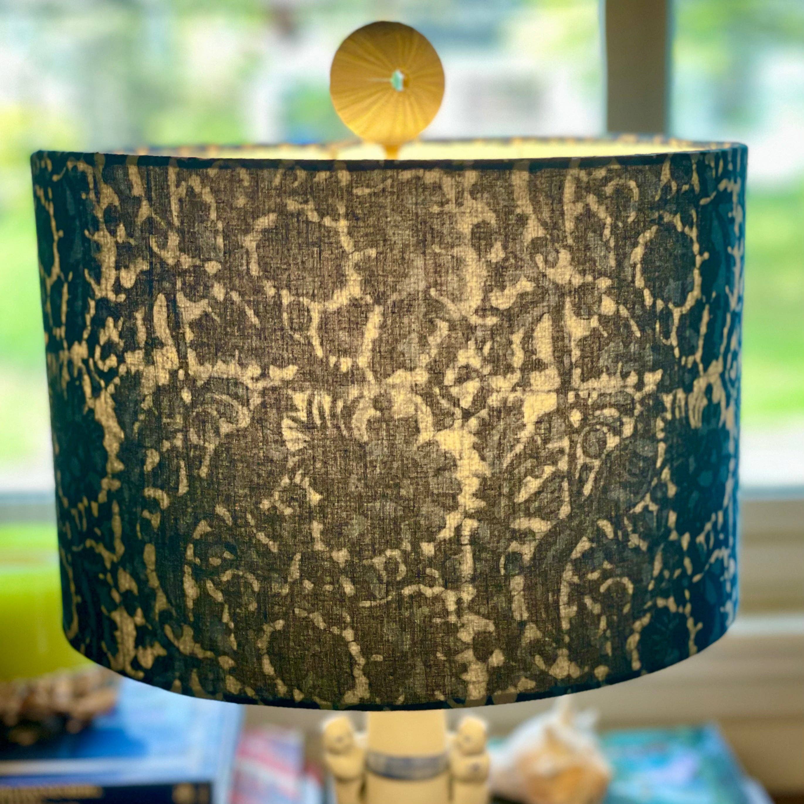 Olive and Limpet - Wholesale Lamp Shade - 12 Inch Drum Lampshade. Indigo Bagru Dabu Indian Hand Block Print. Peacock Motif.2