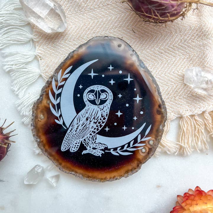 Fractalista Designs - Wholesale Spiritual Stone/Crystal - "Owl" Halloween Decor Engraved Agate Slice Gemstone Crystal2