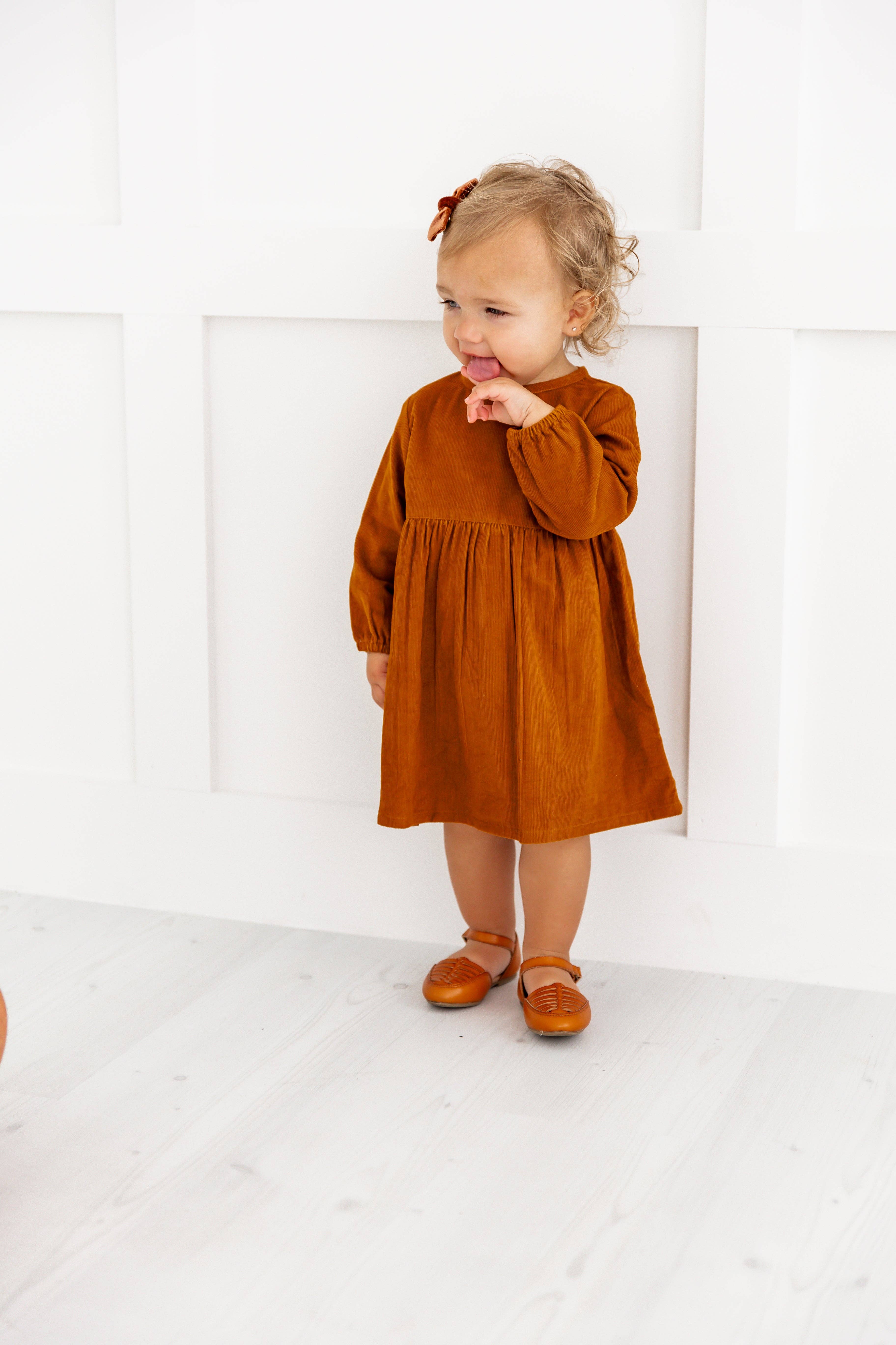 Yo Baby - Wholesale Dress - Kids - Rust Corduroy Solid Color Long Sleeves Gathered Dress9
