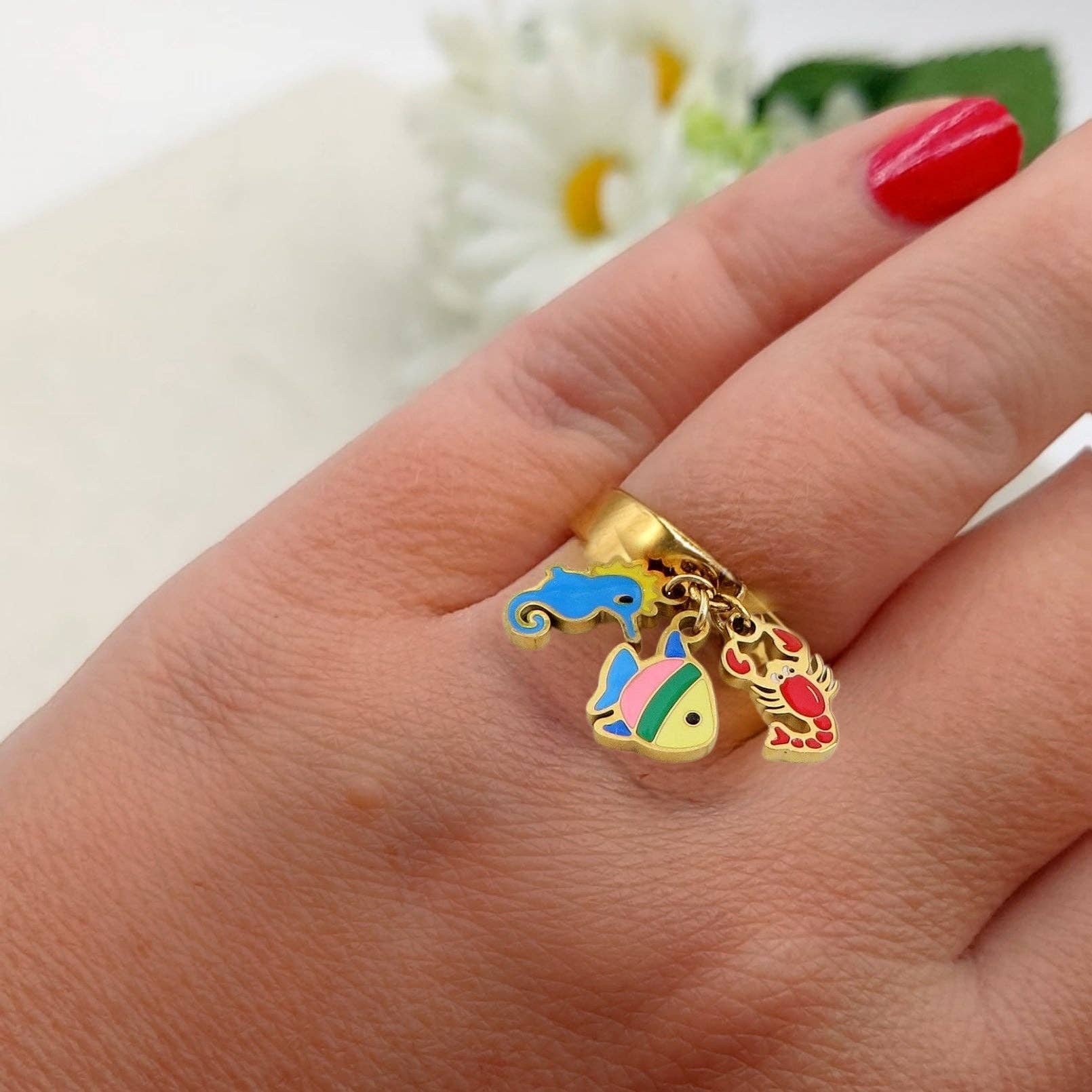 Daemon srls - Vente Anneau/bague à empiler - POLINESIA ~ Bague réglable en ACIER INOXYDABLE avec pendentifs marins émaillés3