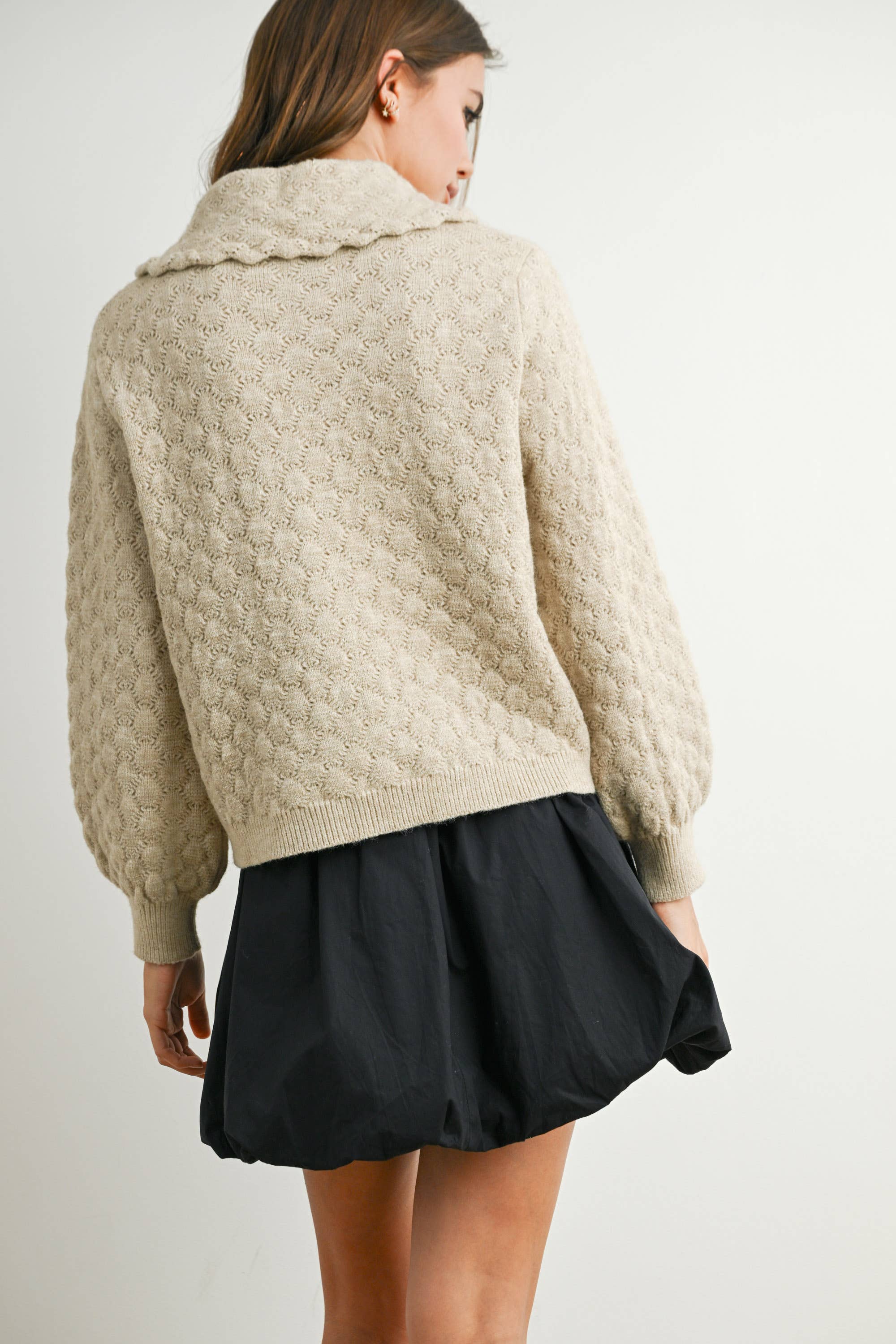 BUTTERMELON - Wholesale Cardigan - Women's - Button-Up Bow Front Collared Long Sleeve Top - BMC777631