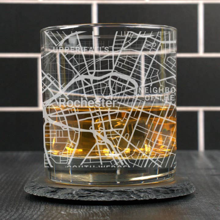 Rochester NY - Street Map - Engraved Whiskey Glass for wholesale by Blue Ridge Mountain Gifts