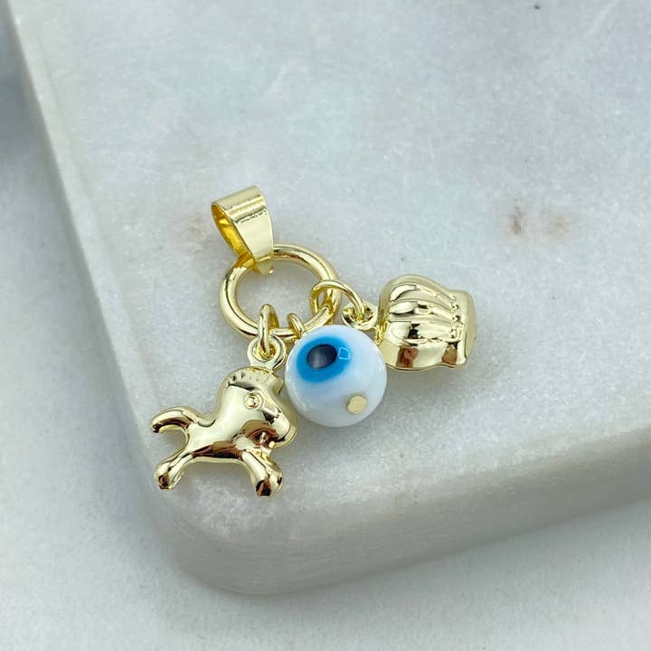 Luxus Accessories - Wholesale Individual charm/pendant - 18k Gold Filled Protection Amulet with Playful Horse, Evil Eye and Crown Charm, Protection against the Evil Eye Charm7