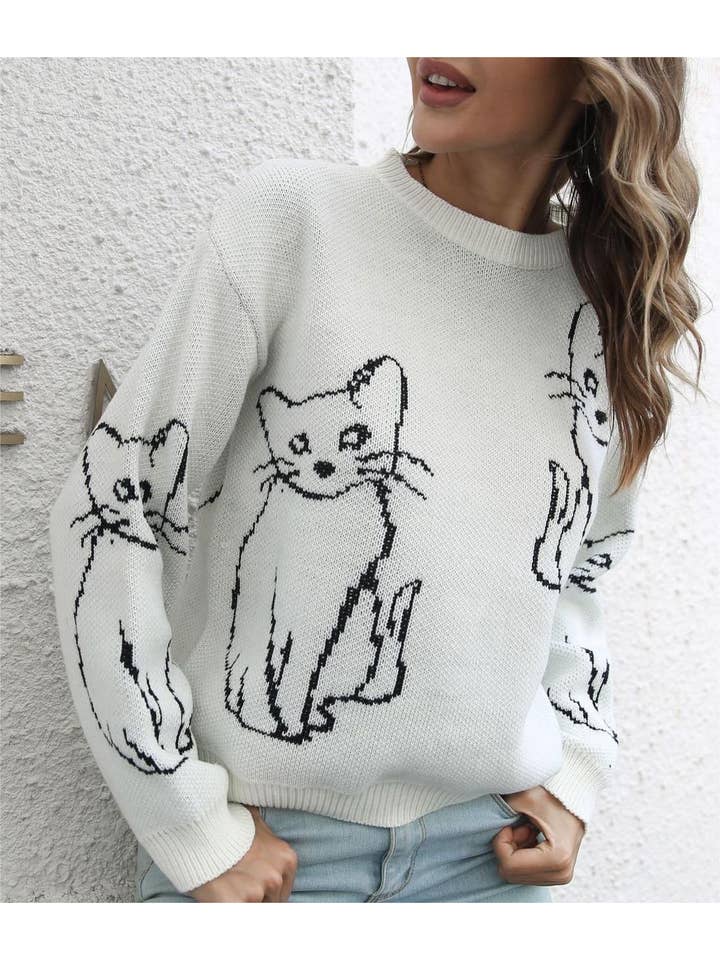 Rosa Clothing - Wholesale Knit Sweater - Women's - Animals cat jacquard jumper knitted sweater2