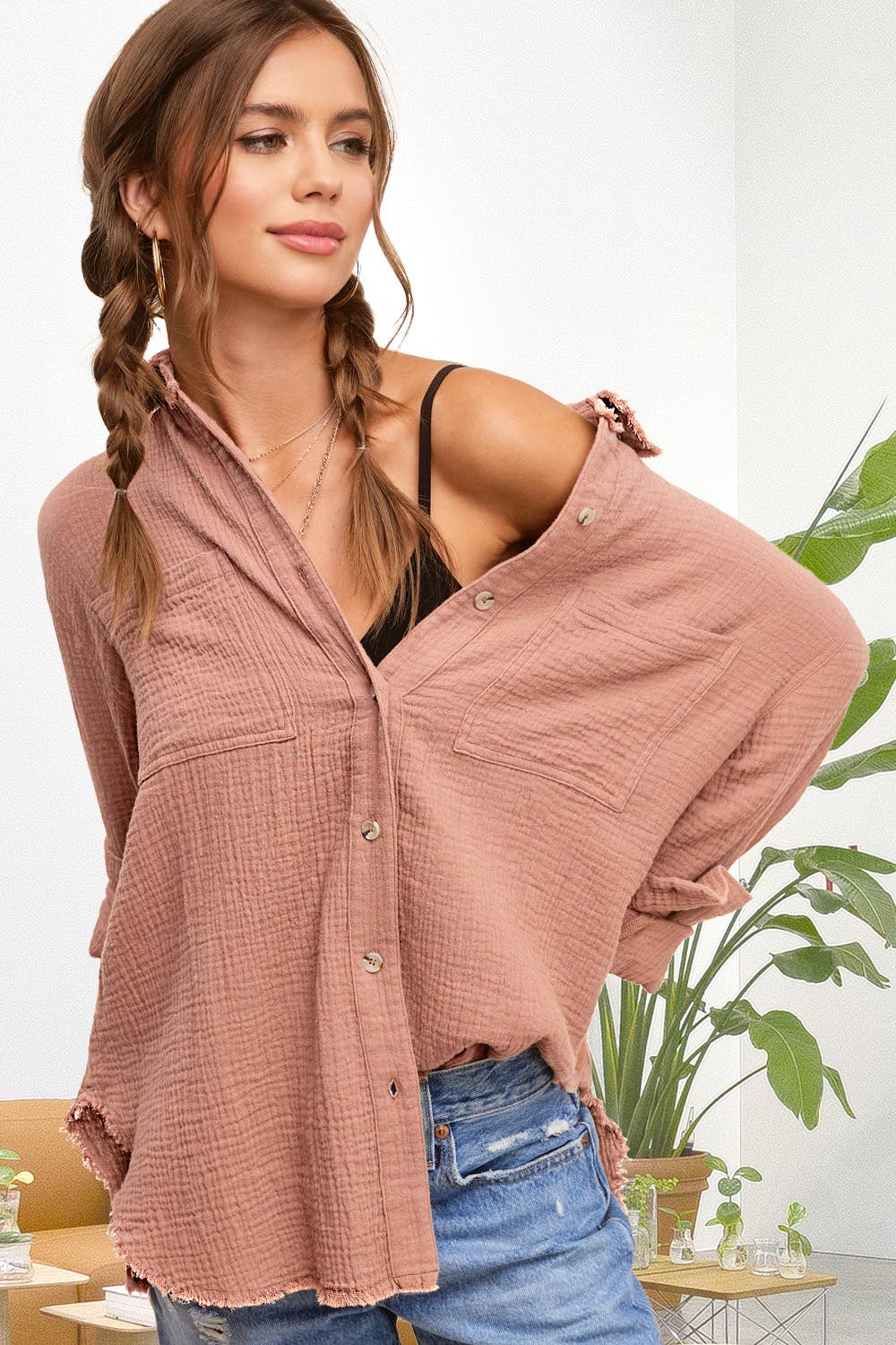 La Miel - Wholesale Button Down Shirt - Women's - SRT7448-Soft Washed Crinkled Gauze Button Down Shirts33