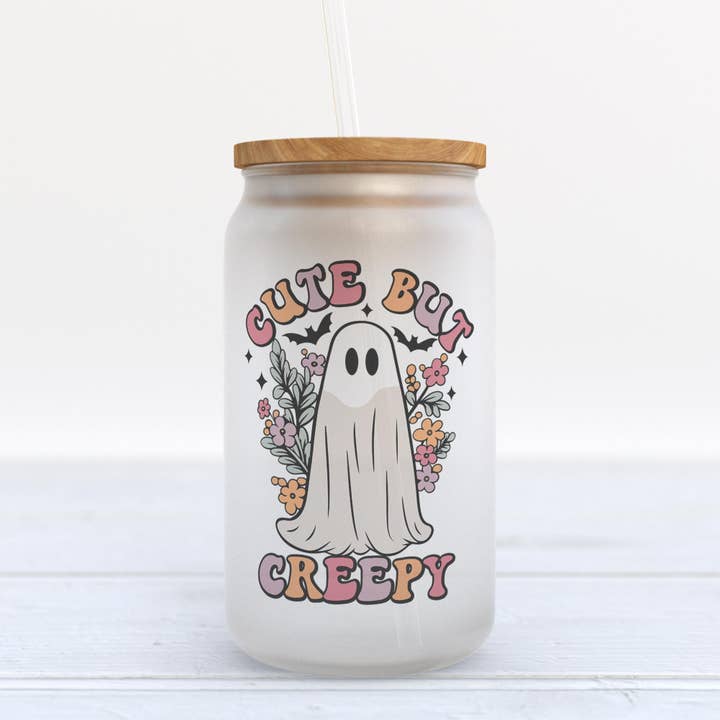 Retro Halloween Ghost Cute But Creepy Glass Can Tumbler for wholesale by Heart & Willow Prints