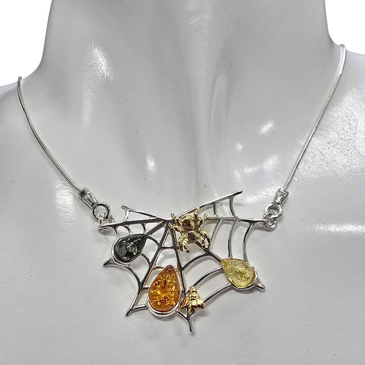 Multi-Color Amber Sterling Silver Spider On Web Necklace for wholesale by Amberman