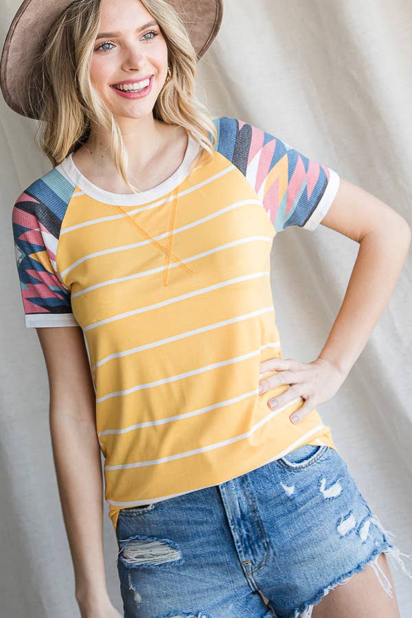 7th Ray – Engroshandel T-shirt – til kvinder – Casual Stribet Aztec Raglan Kortærmet T-shirt T41222