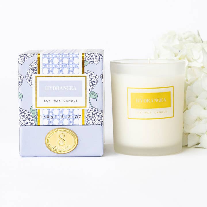 Hydrangea 5.6oz Soy Wax Candle for wholesale by 8 Oak Lane