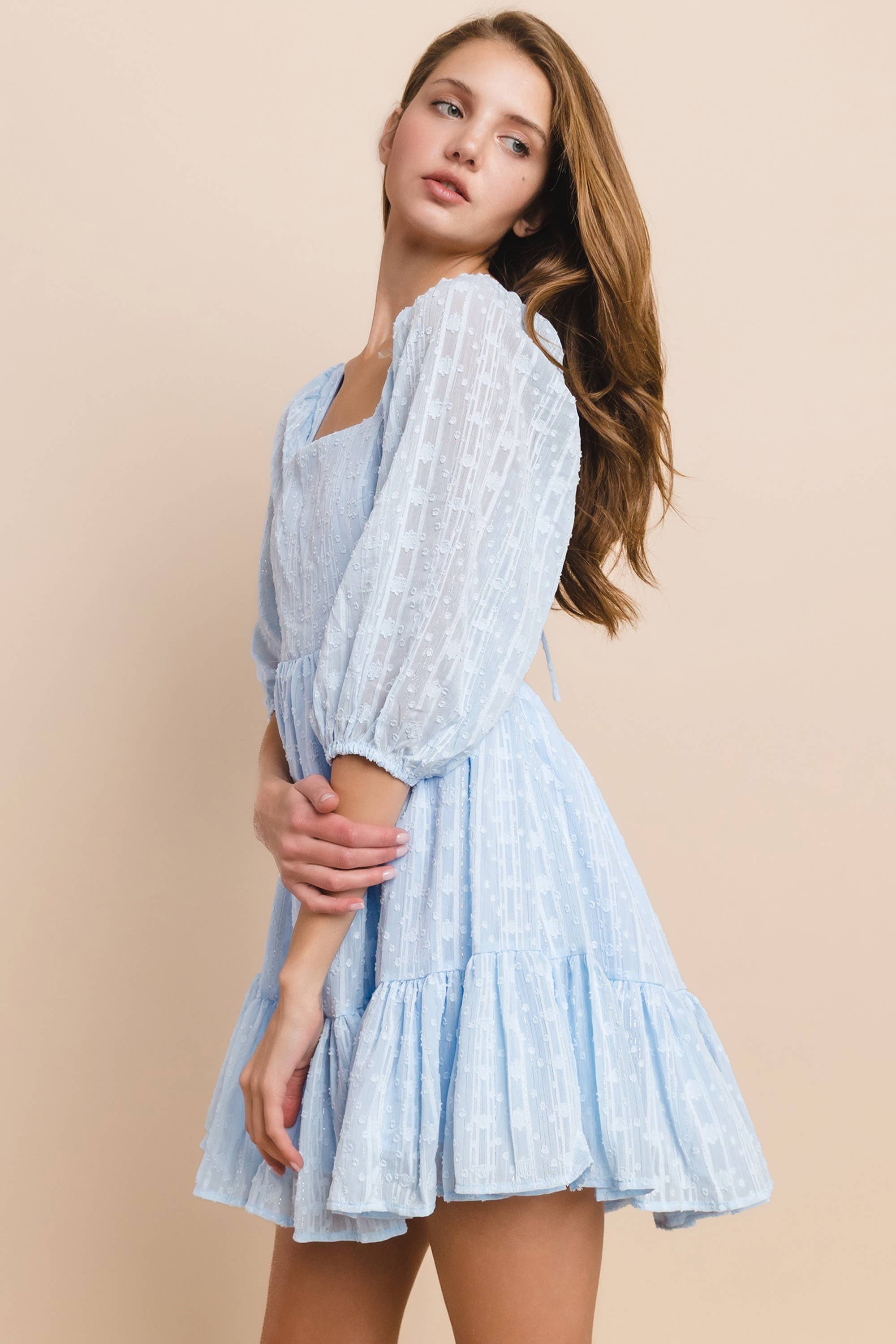 WISTERIA LANE - Wholesale Dress - Women's - SQUARE NECK A-LINE BABYDOLL DRESS W/BACK TIES BLUE3