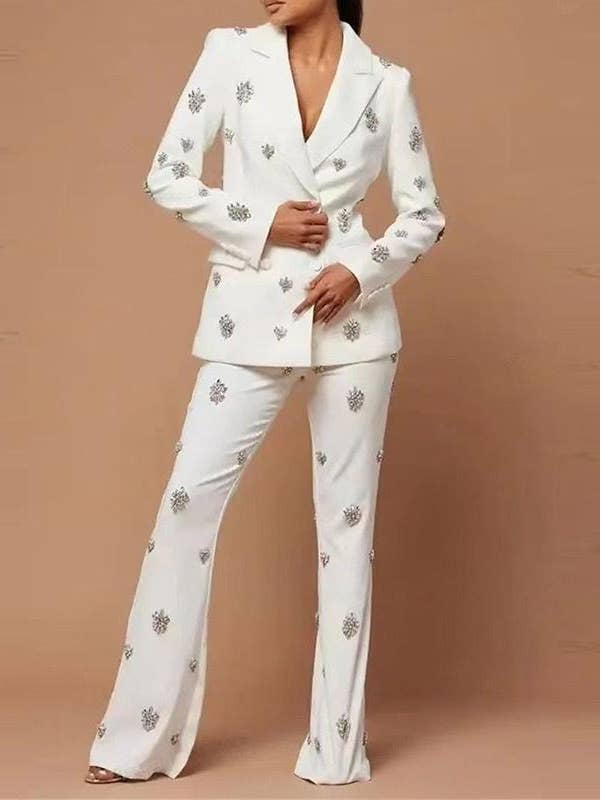 White SET8-11Y Diamond Beaded Suit Jacket & Flared Trousers Set for wholesale on Faire