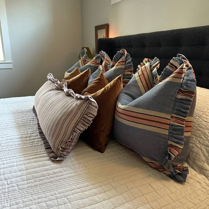 Rennah Collective - Wholesale Throw/Decorative Pillow - Foxy Blue Striped-Ruffle Pillow Cover2