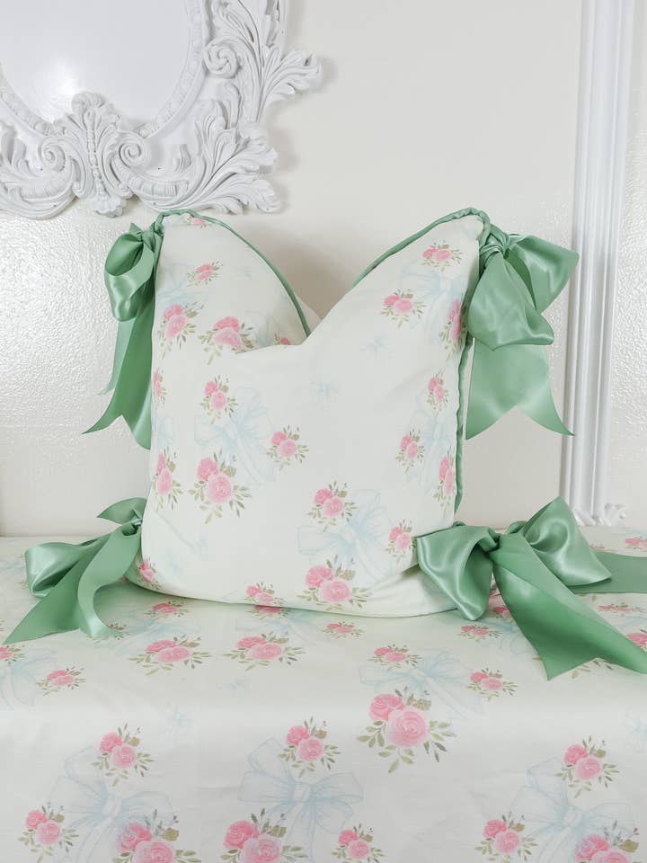 Elle, Blue Blow Floral, Large Green Satin Bow Corners for wholesale by West Cottage Interiors