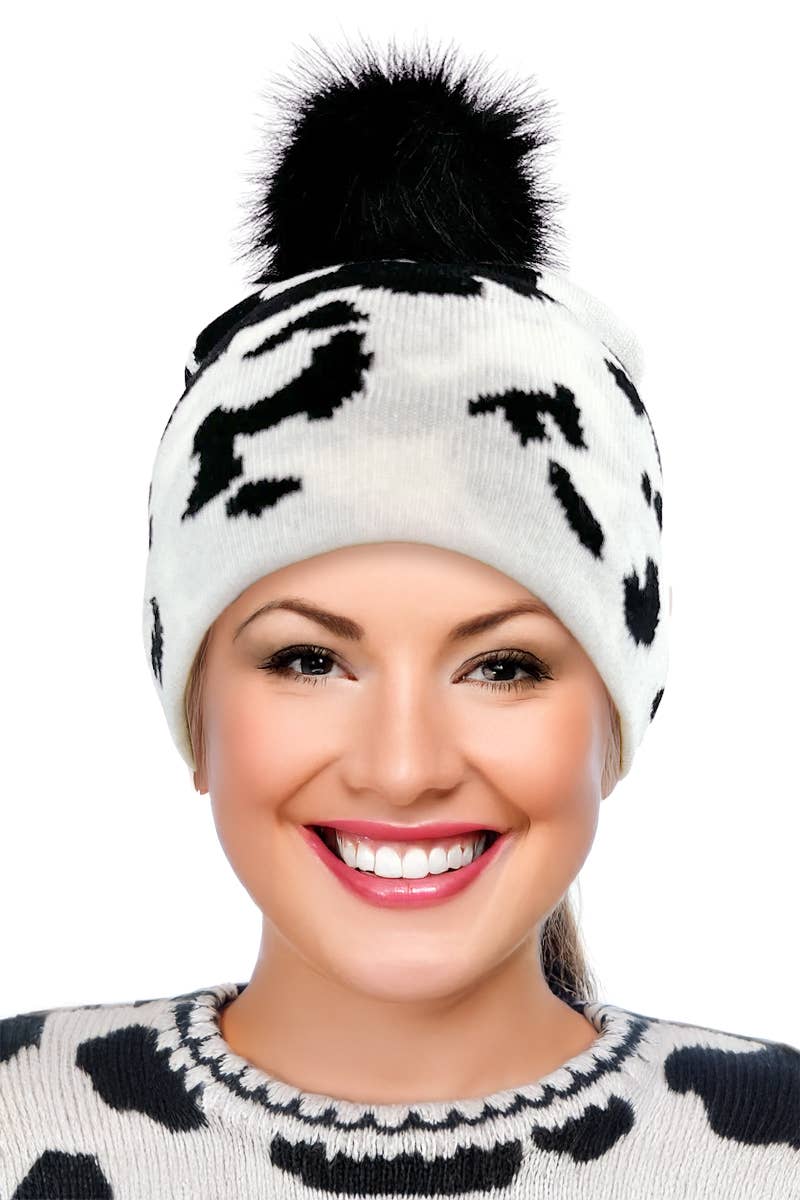 Cap Zone – wholesale Beanie – Women's – Cow Print Shaggy Faux Fur Pom Pom Short Beanie2