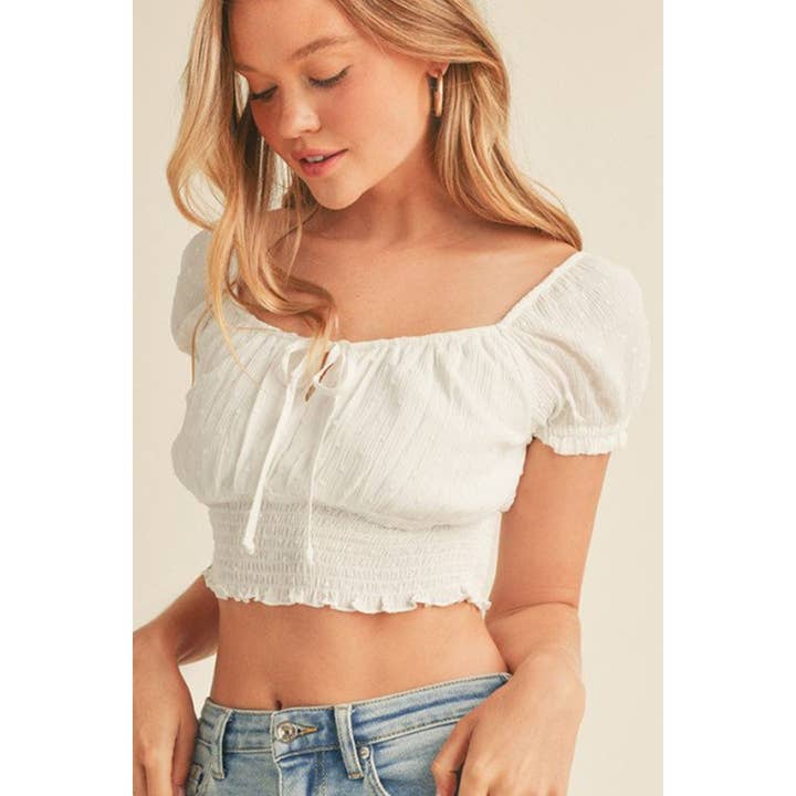RUFFLED SMOCKED SHORT PUFF SLEEVE PEASANT CROP TOP for wholesale by Timeless
