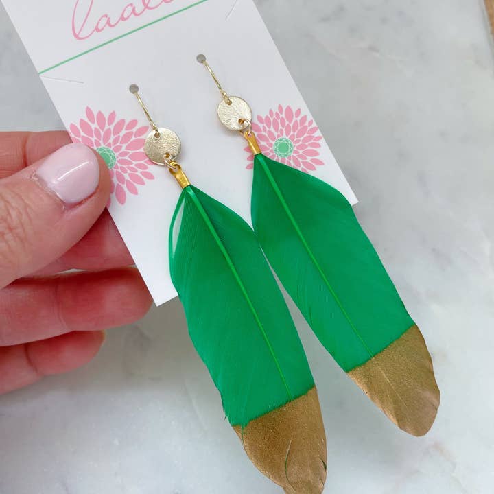 Laalee Jewelry - Vente Boucles d'oreilles pendantes - Boucles d'oreilles en plumes vertes, bijoux en plumes de Mardi Gras