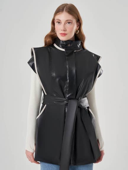 Mizalle Black Belted Waistcoat for Women for wholesale by Mizalle