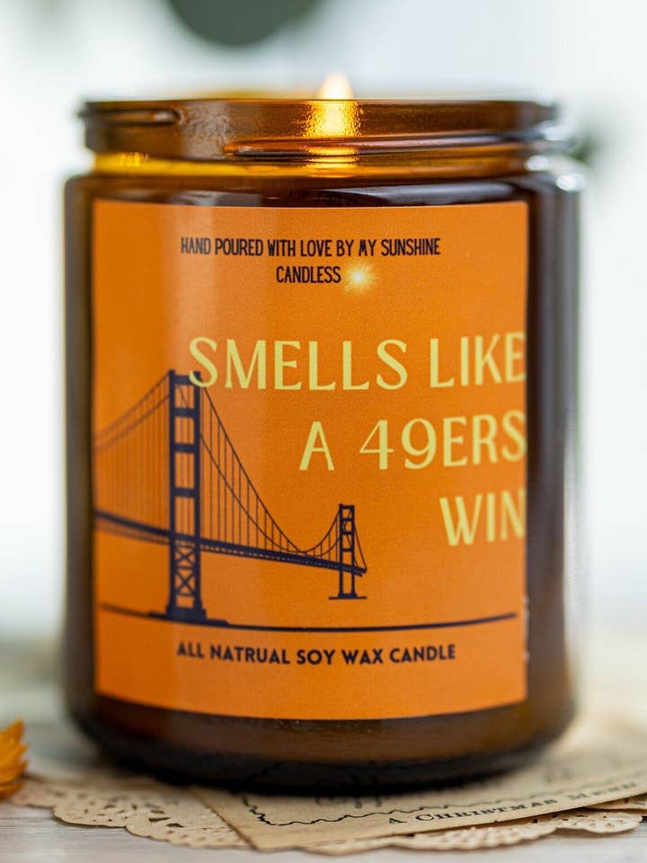 Smells Like A 49ers Win Candle, San Francisco 49ers Candle, for wholesale by MySunshineCandless