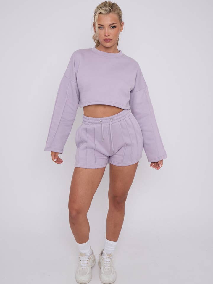 AX Labels - Wholesale Lounge Set - Women's - Seam Detail Oversized Crop Top & Shorts Fleece Co-ord8