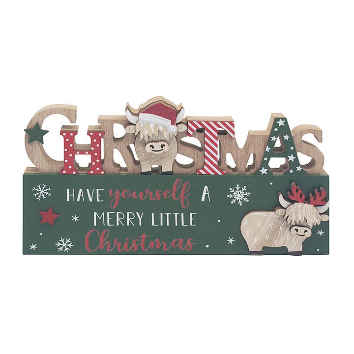 Xmas Highland Cow Stand Plaque Merry for wholesale by Joe Davies