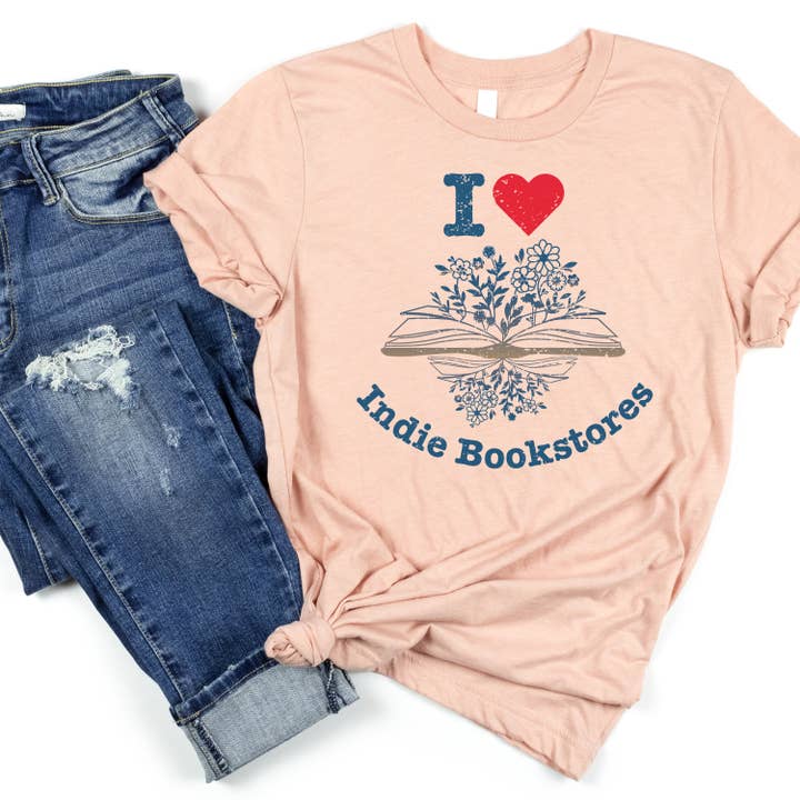 The Obstinate Octopus - Wholesale Screen Printed T-Shirt - Unisex - "I Love Indie Bookstores" Floral Tee4