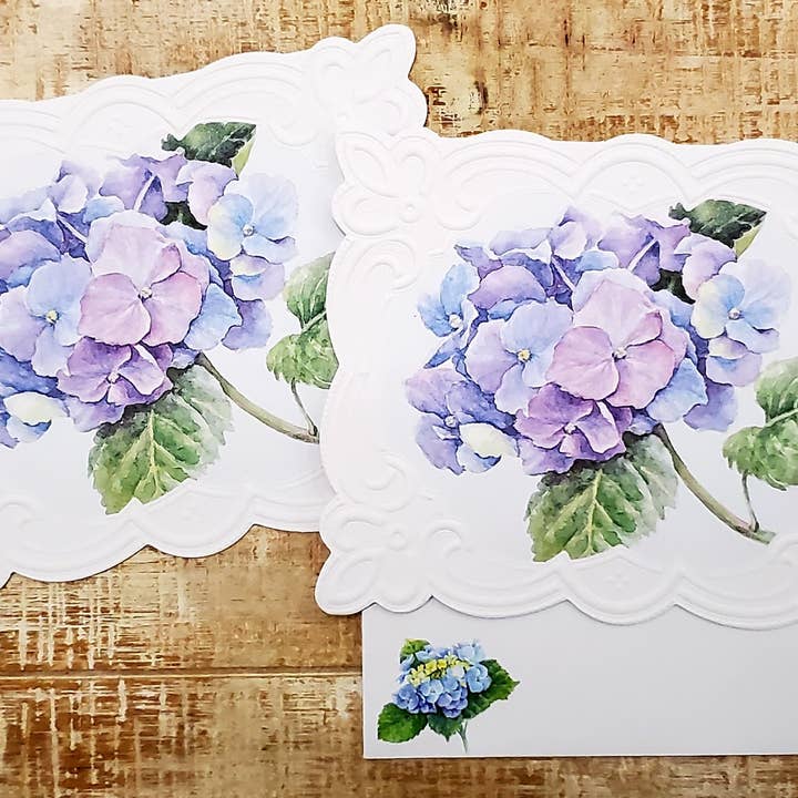 Carol Wilson Fine Arts Inc./For Arts Sake - Wholesale Stationery/Notecard Set - Blue Hydrangea Embossed Die-Cut Portfolio Note Card NCP21011