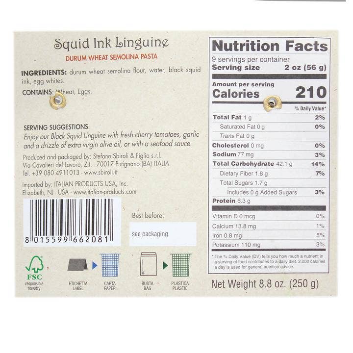 M5 Corporation - Wholesale Pasta - Sbiroli Squid Ink Linguine Pasta - 8.8oz (250gm)