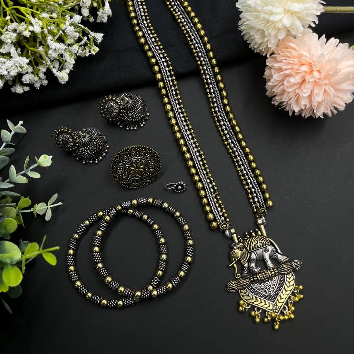 Oxidized Gold & Silver Indian Jewelry Set with Accessories for wholesale by Vastrabhushan