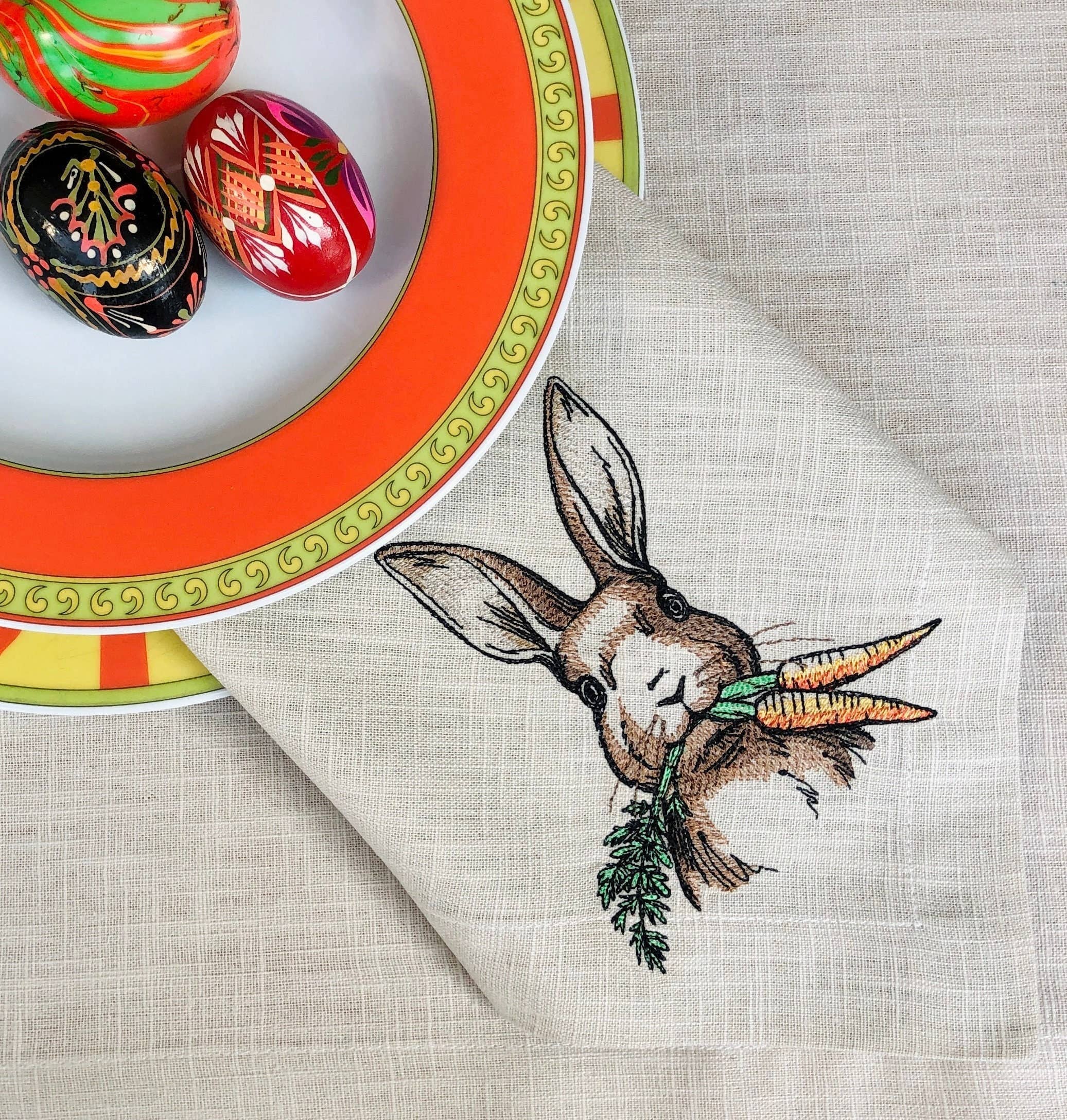 Belle Linen - Wholesale Dinner & Cloth Napkin - Embroidered Easter Bunny Linen Dinner Napkin0