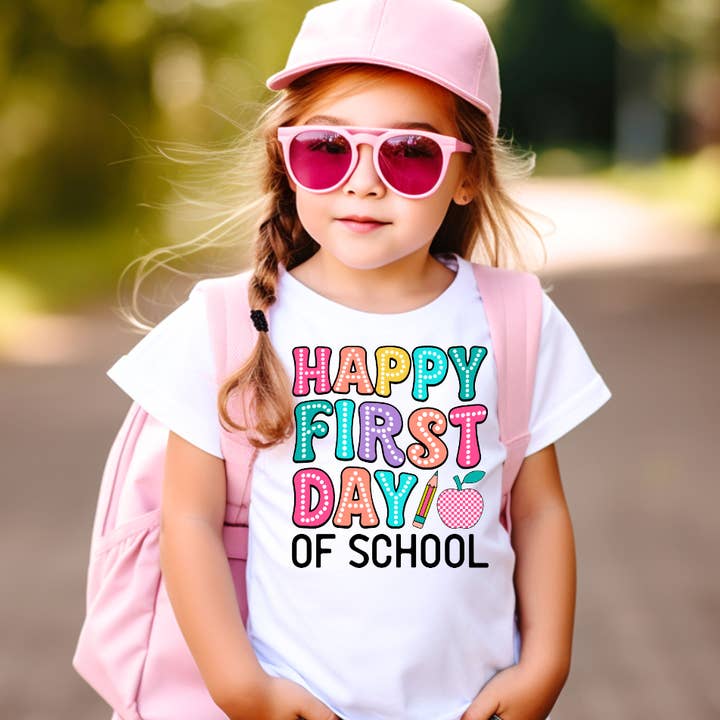 AvaryMaeInspirations - Wholesale Screen Printed T-Shirt - Kids - Happy First Day of School Girls Tee Shirt