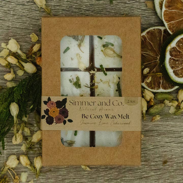 Be Cozy Simmer Wax Melt, Natural Jasmine Spice Botanical Wax Cubes for wholesale by Simmer and Co Natural Aroma