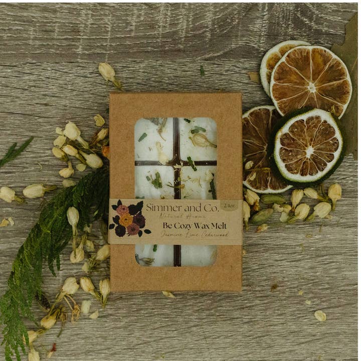Be Cozy Simmer Wax Melt, Natural Jasmine Spice Botanical Wax Cubes for wholesale by Simmer and Co Natural Aroma