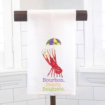 Mardi Gras Crawfish, Bourbon Beads Beignets, Flour Sack Tea Towel - Hostess Gift - Housewarming Gift - Preppy for wholesale by Moman Sales, Inc.