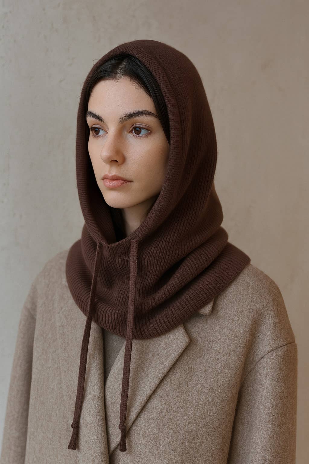 SUNNY STUDIO - Wholesale Poncho - Women's - Ribbed knit balaclava with adjustable drawstrings4